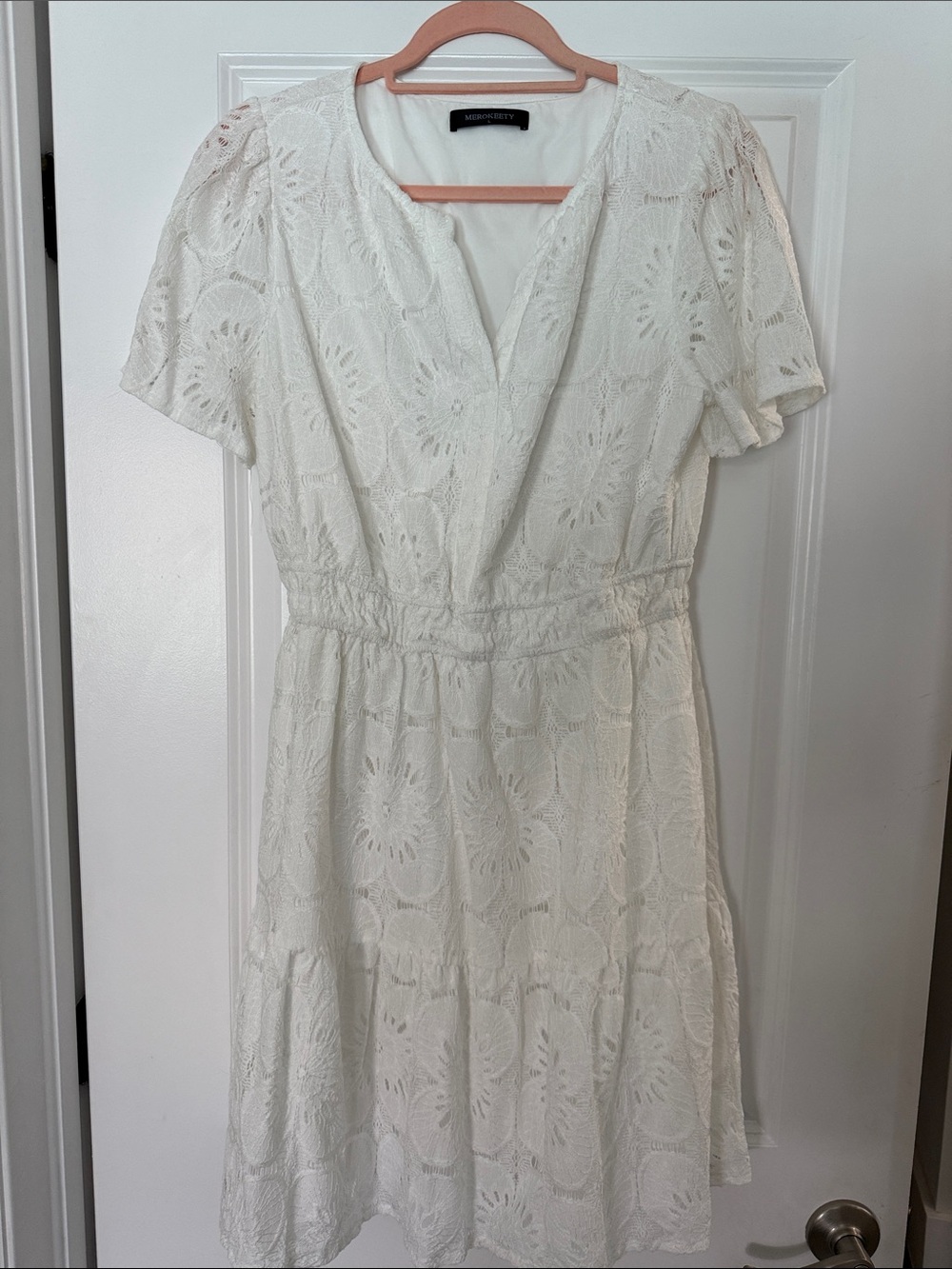 Merokeety White Eyelet V-Neck Mini Dress